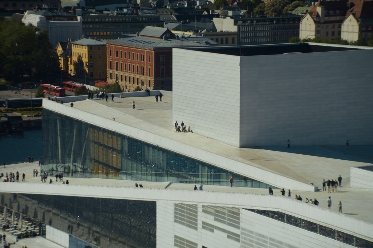 The Oslo Opera House and the harbour seen from above on a clear day