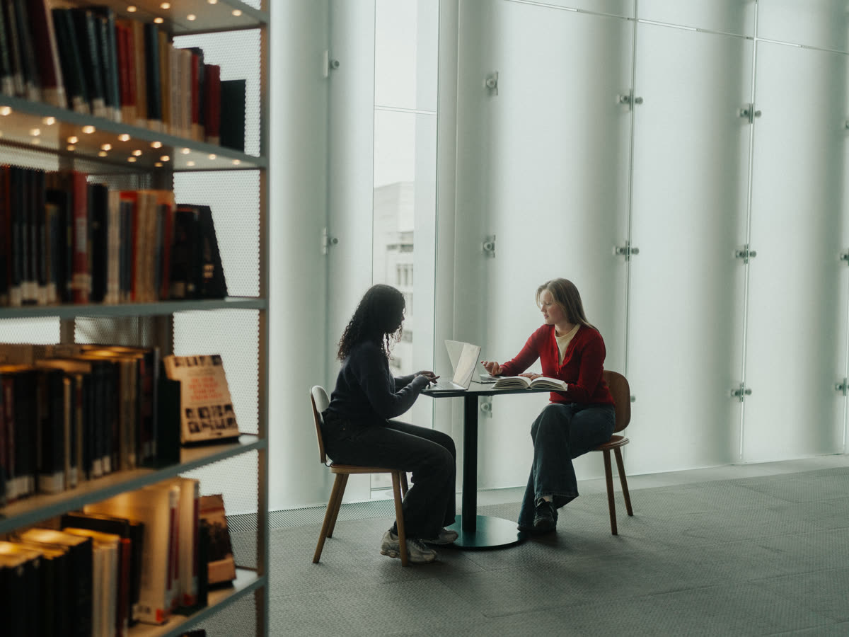 Two people working together at a table in a library