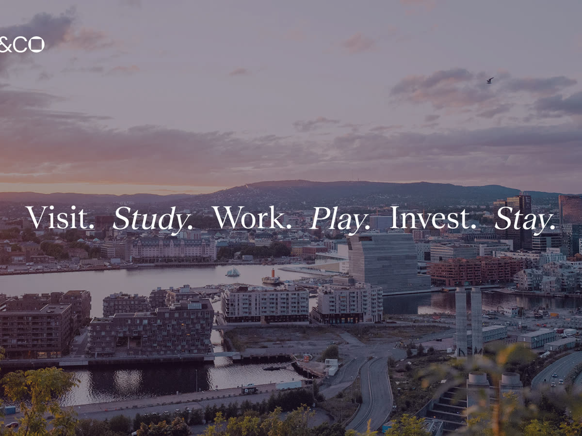 The Oslo skyline at dusk, captioned "Visit. Study. Work. Play. Invest. Stay."