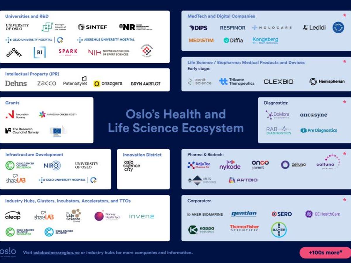 A map of Oslo's health and life science ecosystem, grouping companies and institutions by field