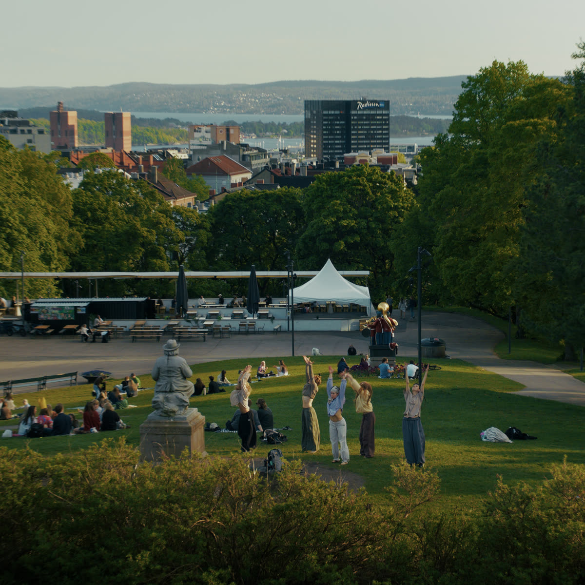 People gathered on the grass in a park above Oslo, with the fjord behind