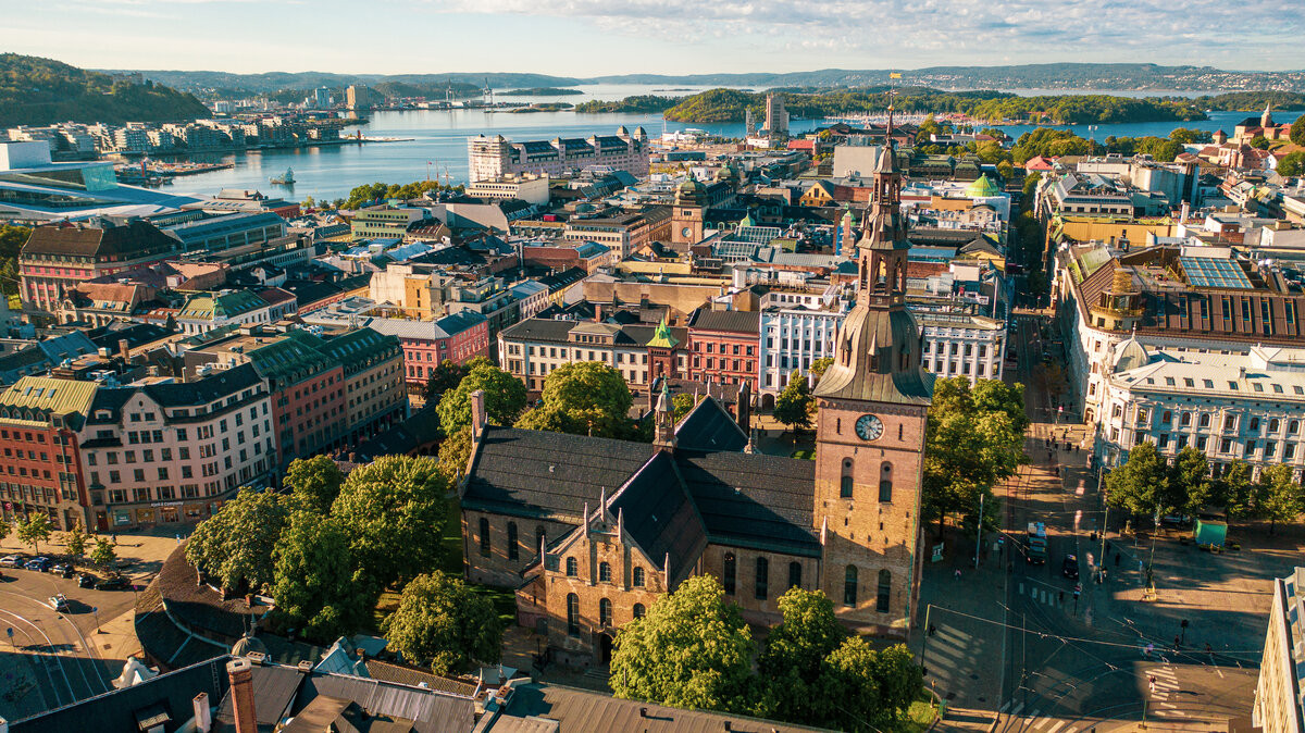 Oslo seen from above — the cathedral, the harbour and the fjord
